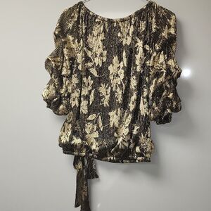 Metallic Gold Top with Puffed Sleeves and Tie Chiffon